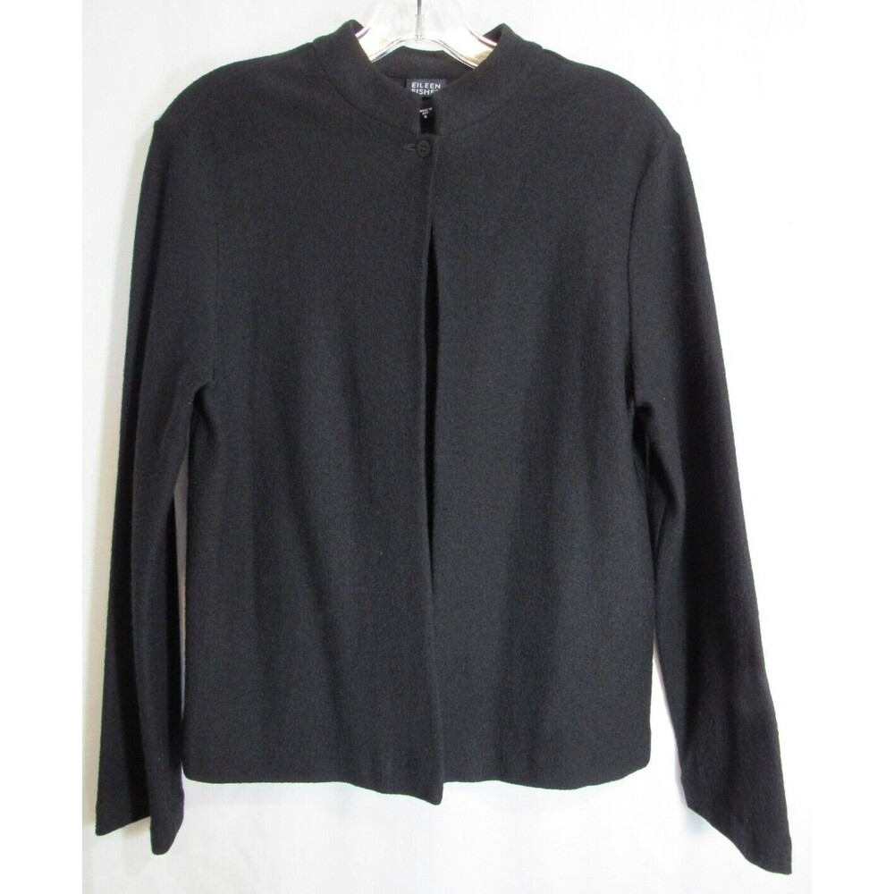 Eileen Fisher Black Wool Long Sleeve One Button Open Cardigan Jacket Small EUC